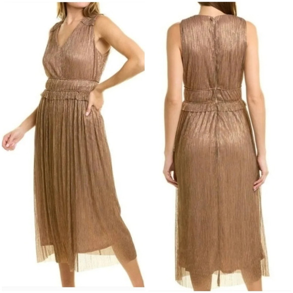 Taylor [Anthropologie] Gold Metallic Ruffle Stretch Waist Formal Midi Dress, EUC - Picture 1 of 13